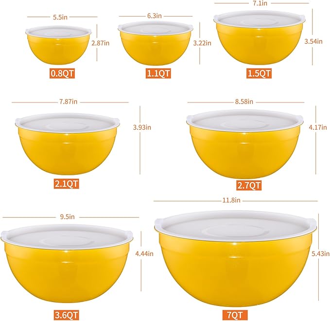 Yellow Mixing Bowls with Airtight Lids, Stainless Steel Nesting Mixing Bowls Set of 7, Ideal for Baking, Prepping and Serving Food, Size 7, 3.6, 2.7, 2.1, 1.5, 1.1,0.8 QT, Stackable Design