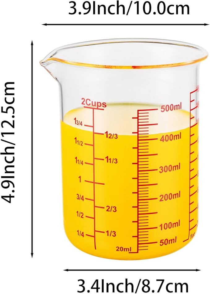 High Borosilicate Glass Measuring Cup-V-Shaped Spout，Glass Measuring Beaker for Kitchen or Restaurant, Easy to Read, 500 ML (16 Oz, 2 Cup)