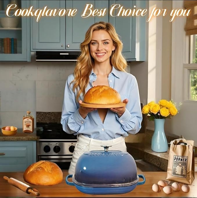 Cast Iron Bread Oven,6 QT Bread Oven,Thick Enameled Loaf Pan with Lid,Bread Pans for Homemade Bread,14.5"Dutch Oven for Bread Baking,Dutch Oven-with Silicone Baking Mat&Recipe,Gifts for Family,Blue