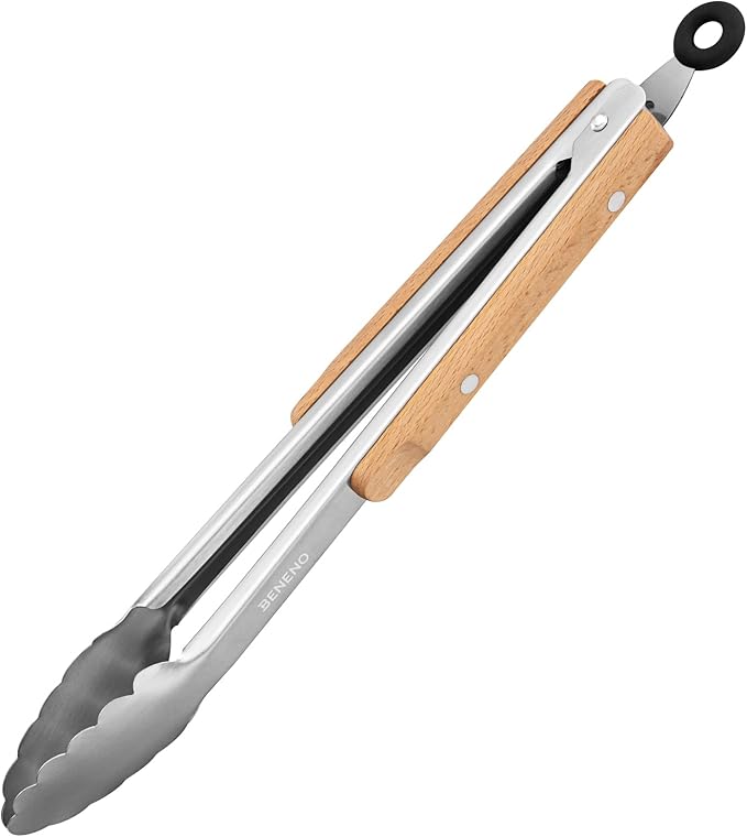 Beneno 12-Inch Stainless Steel Kitchen Tongs for Cooking with Heat-Insulating Wooden Grip Handle, Heavy Duty Heat-Resistant Metal Locking Tongs with Strong Scalloped Tips for Cooking, BBQ, Grab Food