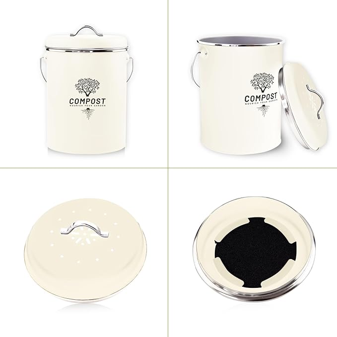 Kitchen Countertop Compost Bin, Odor Resistant Indoor Compost Bin with Lid and Charcoal Filter, Rust Resistant Coated Compost Bucket, Compost Container, Cream