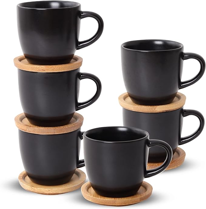 Hasense 4 OZ Espresso Cups and Saucers Set of 6, Demitasse Cups with Handle for Latte, Cappuccino, Cafe Mocha and Tea, Porcelain Coffee Cups for Coffee Bar and Party, Black