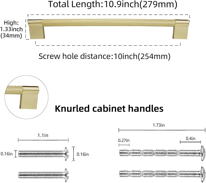10 Pack 10 inch(254mm) Brushed Brass Kitchen Cabinet Handles Knurled Cabinet Pulls Gold Drawer Pulls Kitchen Hardware