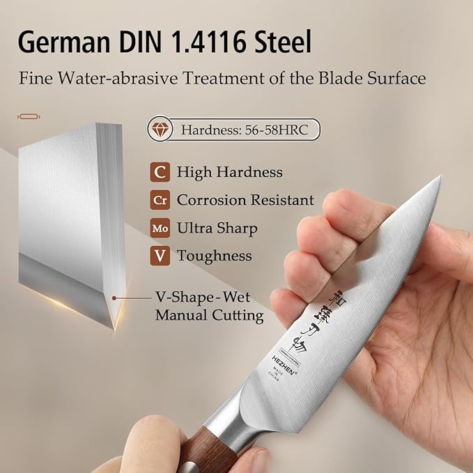 HEZHEN 4.3 inch Blade Paring Kitchen Knife,High-Carbon 1.4116 German Steel Cutlery, Ergonomic Red Wood Handle Petty Knives for Home Chefs, Ultimate Paring Knife for Utility Tasks