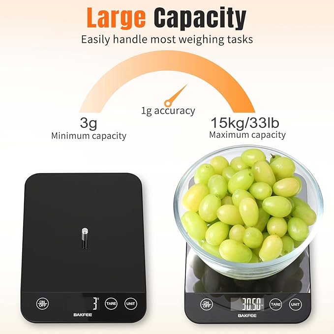33LB Digital Kitchen Scale, Food Scale Rechargeable with Tempered Glass, Grams and Ounces, USB Charging, 1g High Accuracy for Baking, Cooking, Food BK807 Grey