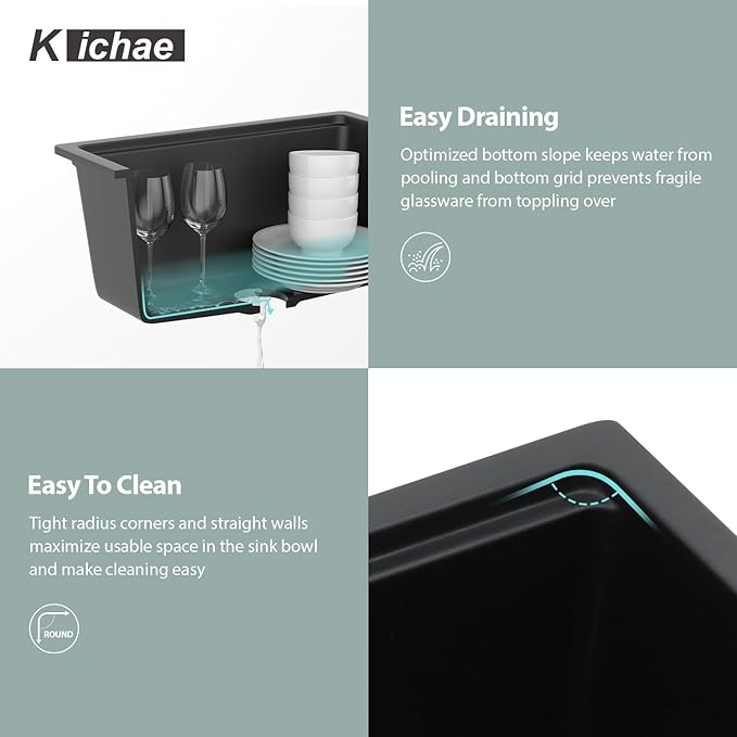 Kichae Black Undermount Bar Sink - 21 x 18 Black Composite Granite Undermount Wet Bar Prep Kitchen Sink