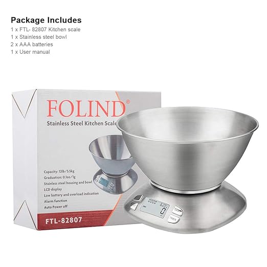 Digital Kitchen Scale with Removable Bowl 2.5L Volume, Electronic Stainless Steel Food Scale for Cooking Baking, Room Temperature, Alarm Timer, 12lb 5.5kg, Batteries Included