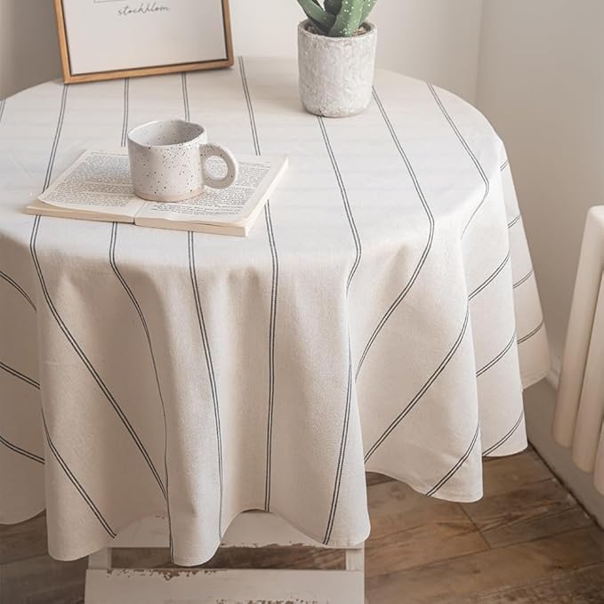 ArtBud Cotton Linen Table Cloths Boho Farmhouse Heavy Fabric Table Cover Burlap Striped Washable Table Top for Parties Coffee Kitchen Picnic Round, 60"(4-6 Seats)