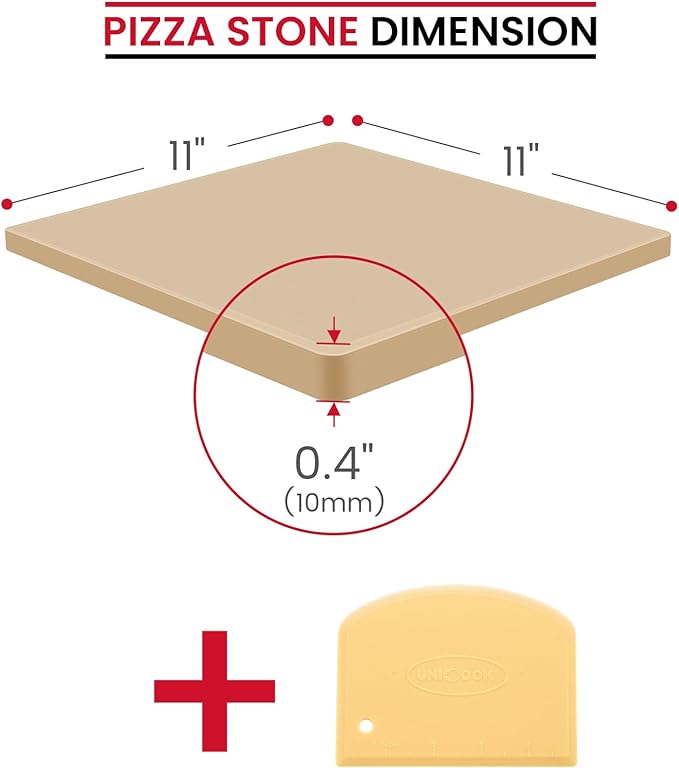 Unicook Pizza Stone for Oven and Grill, 11 Inch Square Baking Stone for Bread, Small Cordierite Oven Grill Pizza Pan, Thermal Shock Resistant, Including Dough Scraper