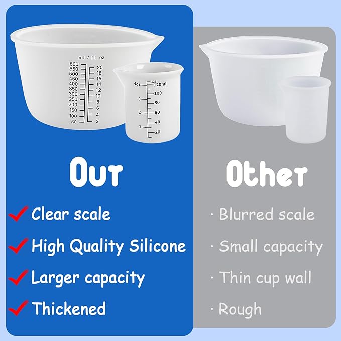 Silicone Measuring Cups Set 600ml/20oz Accurate Scale & 125ml/4.4oz Thickened Reusable Silicone Cups for Resin Molds Silicone Stirring Stick DIY Resin Art Craft Supplies Resin Accessories