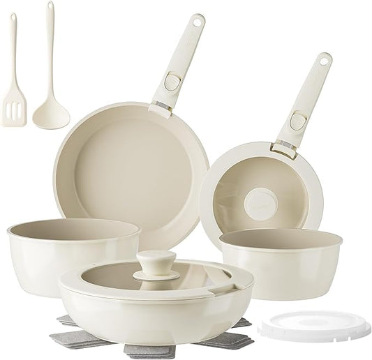 Redchef Pans and Pots Set Nonstick, Ceramic Cookware Set with Detachable Handles, Healthy,Non Toxic, Kitchen Cookware Sets16Pcs, Induction RV Kitchen Set, PFAS PFOA & PTFE Free, Beige White
