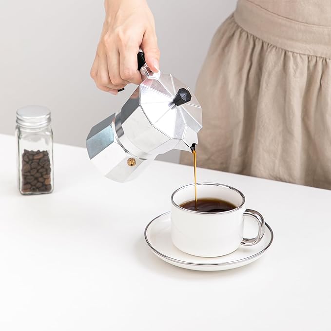 Tea Cups and Saucers with Silver Trim, 6.76 Ounce White Porcelain Tea Set & Coffee Cups for Latte, Cafe Mocha - Set of 4, Porcelain Mugs for Kitchen or Cafe (White and Silver)