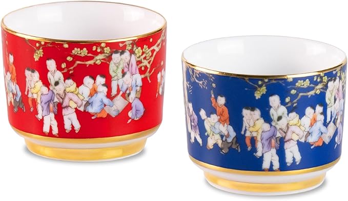 KAMMAK Tea Cups Set of 2, 3.53 Mini Ceramic & Porcelain Tea Mugs - Handleless Vintage, Non-Toxic Handcrafted Cups for Juice, Coffee, Gift(Red+Blue)