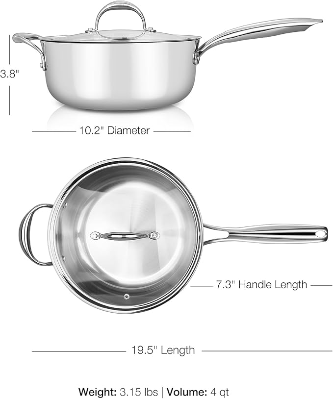 KEAWELL K3 Premium 4-Quart Tri-Ply Stainless Steel Sauté Pan with Lid, Induction & Oven Safe up to 600°F, Even Heating, Professional Cookware for All Stovetops (4-Qt)