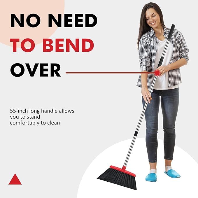 NACENA Heavy Duty Broom, 55 Inch Long Handle Outdoor Large Angle Brooms, Commercial Broom for Sweeping Indoor, for Home Garage Kitchen Office Courtyard Lobby Patio Lawn Concrete, 2 Pack (Black&Red)