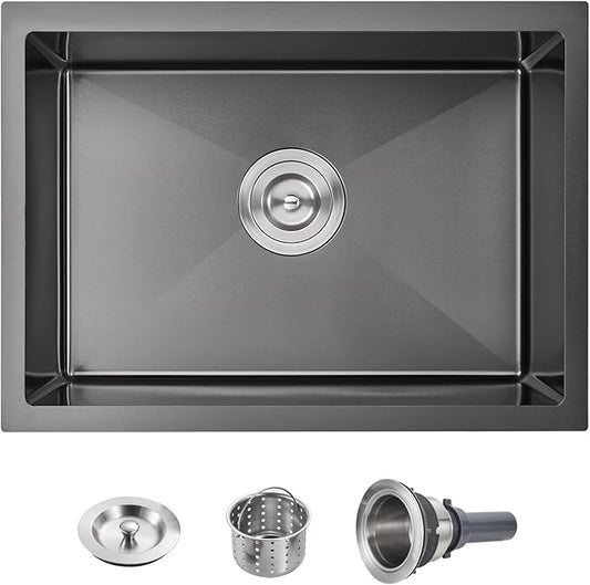 POPFLY 23-Inch Undermounter Small Kitchen Bar Prep Sink, 18 Gauge 304 Stainless Steel Handmade Single Bowl Outdoor Sink 9 Inch Deep with Drain Strainer, Black（23×18×9）