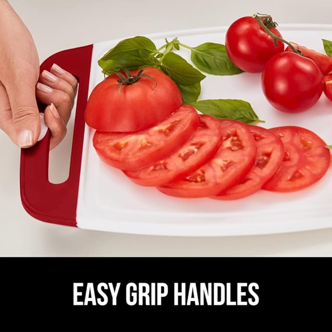 GORILLA GRIP BPA-Free Reversible Kitchen Cutting Board Set of 3, US Designed, Nonporous, Juice Grooves Catch Liquid, Slip Resistant Border, Durable Food Chopping Boards, Christmas Kitchen Decor, Red