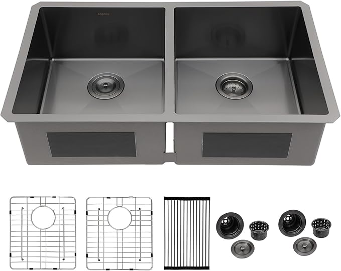 Logmey 33 Inch Double Bowl Undermount Kitchen Sink 33x19x9 Inch 50/50 Gunmetal Black Nano Coating Stainless Steel 16 Gauge Handmade Kitchen Sink