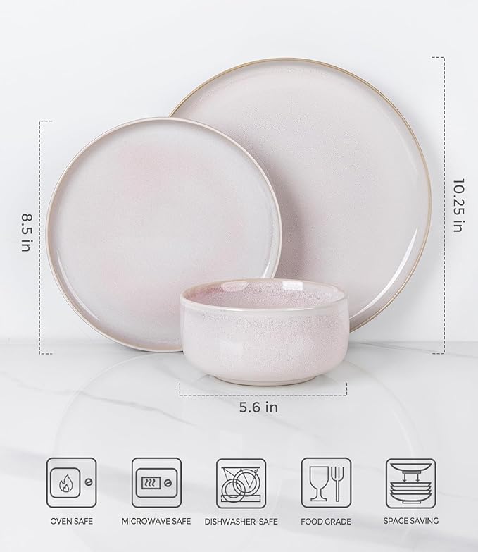 TheTerra Ceramic Dinnerware Sets for 4, 12 Pieces Handmade Reactive Glaze Plates and Bowls Set, Scratch Resistant Dish Set, Oven & Microwave & Dishwasher Safe, Primrose Pink
