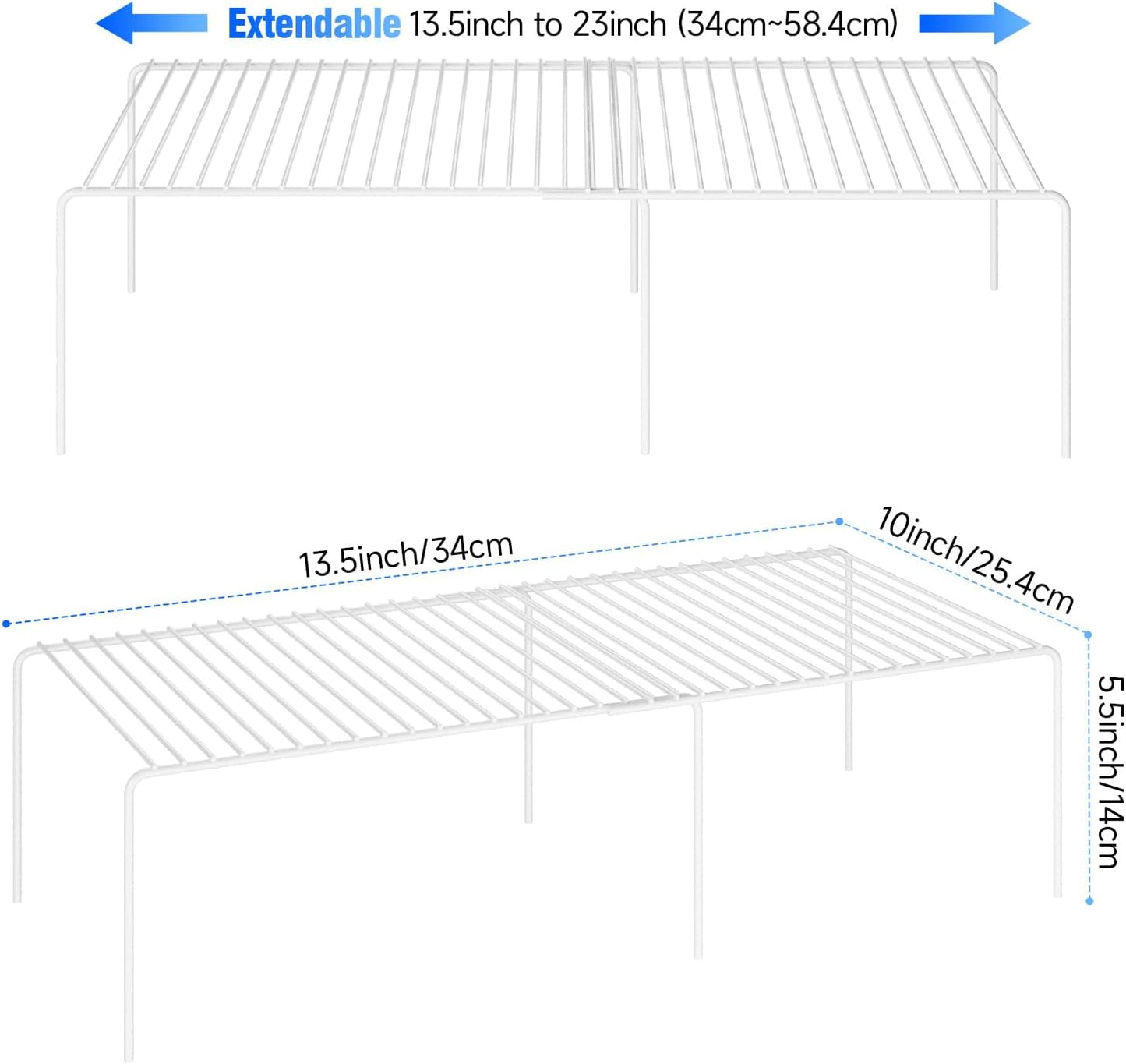 Expandable Storage Shelf, Pantry Organizers and Storage, Adjustable Rustproof Metal Wire Spice Rack, Space Saver Kitchen Storage Shelves for Pan, Pot, Countertop, Drawer, Fridge, Set of 4, White