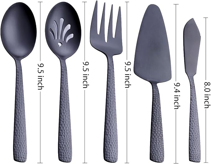 Stainless Steel Large Serving Set, Matte Black - 5-Piece Set Includes Spoon, Slotted Spoon, Fork, Pie Server and Butter Knife