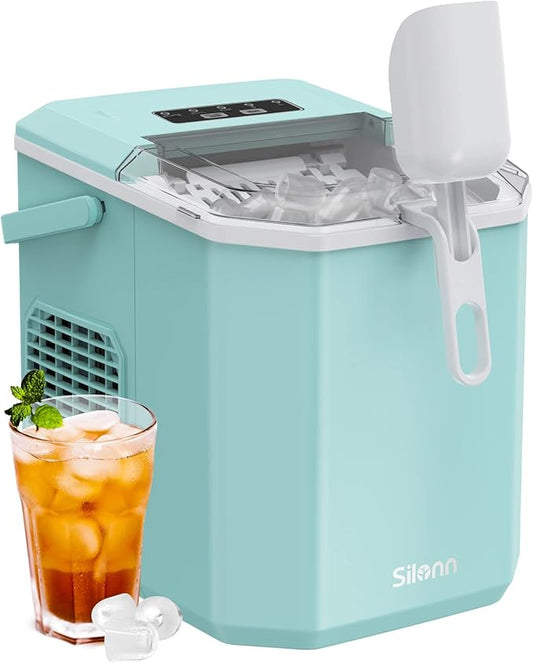 Silonn Ice Maker Countertop, Portable Ice Machine with Carry Handle, Self-Cleaning Ice Makers with Basket and Scoop, 9 Cubes in 6 Mins, 26 lbs per Day, Ideal for Home, Kitchen, Camping, RV