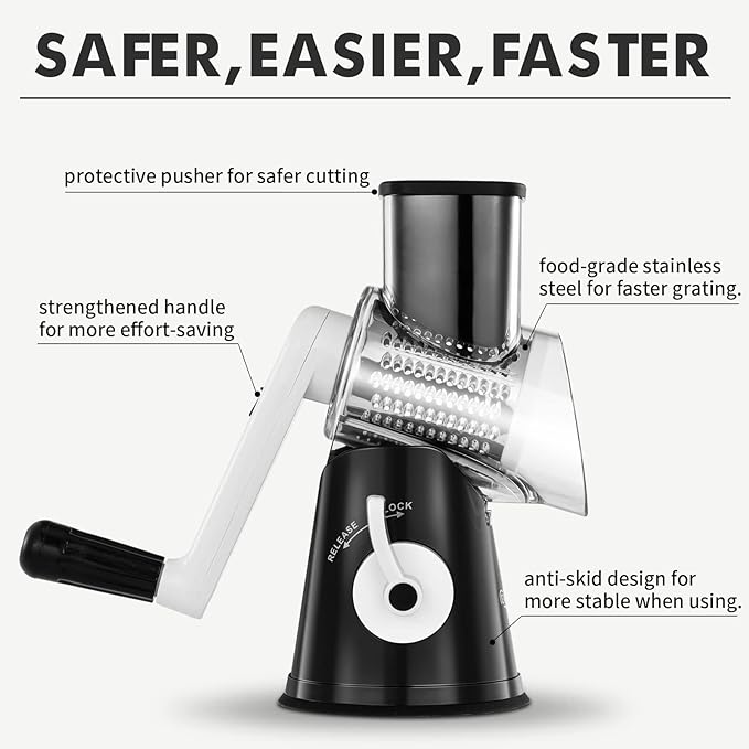 Rotary Cheese Grater, 3 in 1 Cheese Shredder Grater Rotary with Handle, Vegetable Mandoline Slicer Shredder for Vegetable, Cheese, Nut