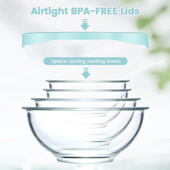 Luvan Borosilicate Clear Glass Mixing Bowls with Lids Set of 4 (0.53qt, 1.1qt, 2.1qt, 3.7qt), Space Saving Nesting Bowls Large Kitchen Salad Bowls for Meal Preping,Baking,Mixing,Dishwasher Safe