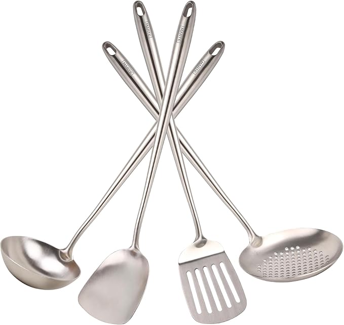 MARTE 17’’ Cooking Utensils Set，304 Stainless Steel Kitchen Spatula Set of 4,Heat Resistant Long Kitchen Utensil for Cooking，Wok Spatula, Soup Ladle, Slotted Spoon,Turner，BPA Free