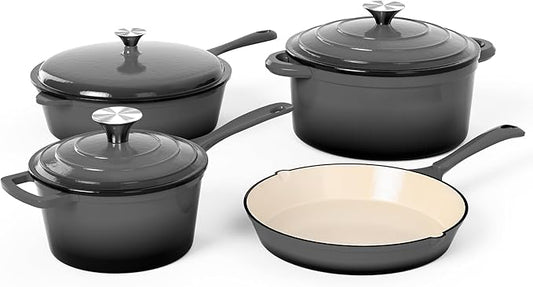 MAISON ARTS Enamel Cast Iron 7 Piece Cookware Set, Dutch Oven Pot with Lid, Grey Non Stick Pots and Pans set, Oven Safe up to 500°F