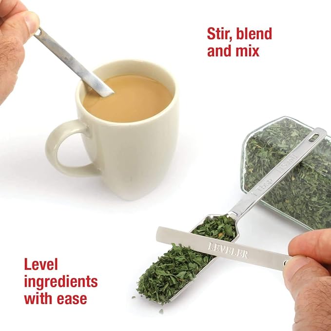 2lbDepot Measuring Spoons Set of 7 Includes Bonus Leveler, Premium, Rust Proof, Heavy Duty, Chrome Plated, Stainless Steel Metal, Narrow, Long Handle Design fits into Spice Jars