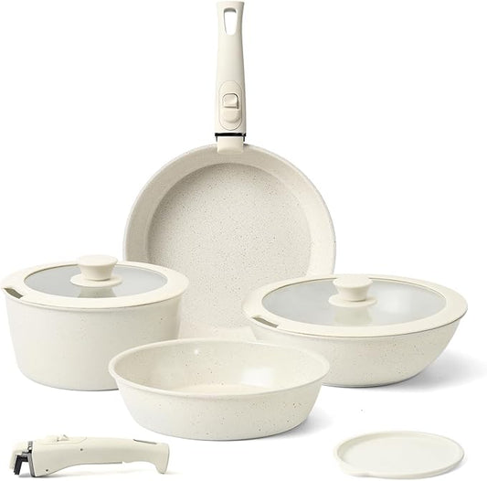 9 Pcs Ceramic Cookware Set Non Stick Frying Pots and Pans Set Non Toixc Cookware-PFAS/PFOA/PTFE Free, with Detachable Handle for RV Kitchen, Induction & Dishwasher Safe Cream White