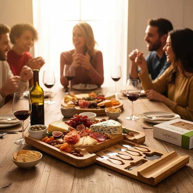 Leaf & Grain Charcuterie Board Set with Accessories Drawer - Real Bamboo Cheese Board & Stainless Steel Knife Set, Large Meat & Cheese Platter for Parties & Gifts - Natural