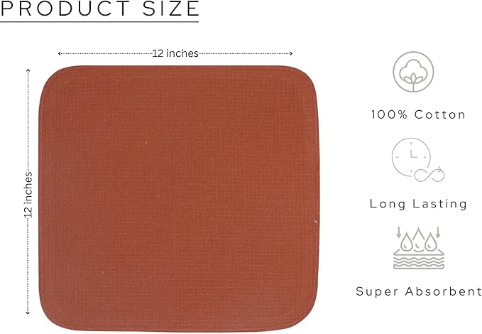 PurpleEssences Dish Cloths and Dish Rags - 8 Pack Waffle Weave Solid Kitchen Dish Wash Cloths, 100% Cotton, 12 x 12 Inches, Ultra Soft Absorbent Quick Drying - Christmas Holiday Winter - Rust