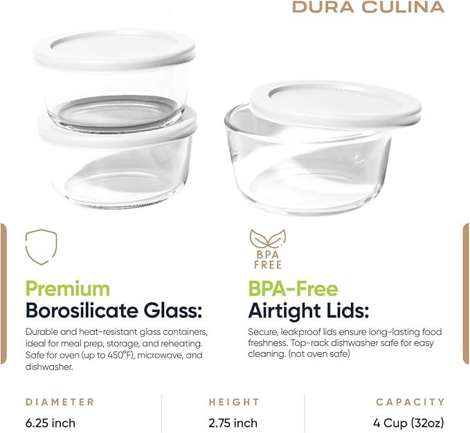 6-Piece Glass Food Storage Containers Set (3 Containers + 3 BPA-Free Lids) | 4-Cup, Leakproof | Microwave, Freezer, Oven & Dishwasher Safe | Ideal for Meal Prep & Pantry Organization