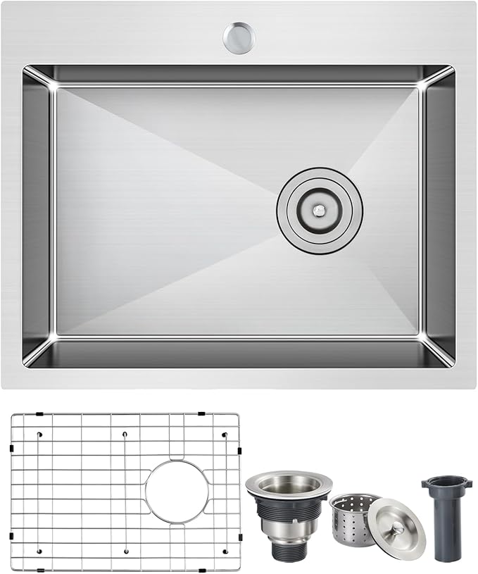 ROVOGO 22x18x9 in. Drop-in Kitchen Sink Single Bowl with 1 Faucet Hole, 304 Stainless Steel Handmade Modern Sink Top Mount with Bottom Grid and Offset Drain, Brushed