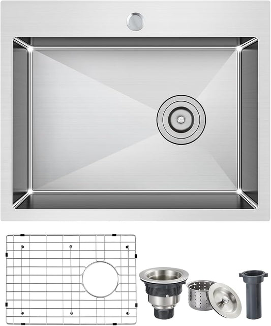 ROVOGO 22x18x9 in. Drop-in Kitchen Sink Single Bowl with 1 Faucet Hole, 304 Stainless Steel Handmade Modern Sink Top Mount with Bottom Grid and Offset Drain, Brushed