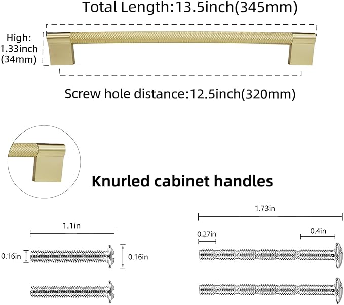 10 Pack 12-5/8 inch(320mm) Brushed Brass Kitchen Cabinet Handles Knurled Cabinet Pulls Gold Drawer Pulls Kitchen Hardware