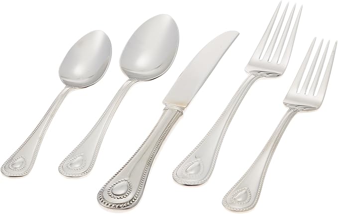 Lenox Silverware Set For 12, French Perle 65-Piece Flatware Set with Serving Utensils, Service For 12, Elegant 18/10 Stainless Steel Utensils with Beading, Knives Spoons & Forks (Silver, 65 Piece)
