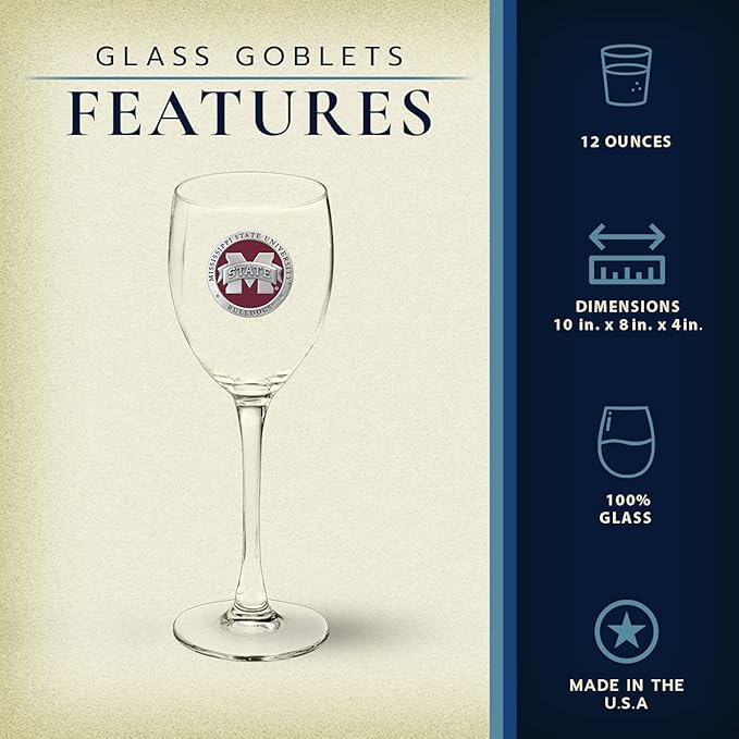 Heritage Pewter Mississippi State Bulldogs Glass Goblets – Set of 2 | 12 OZ Goblet Wine Glasses | Expertly Crafted Pewter Glass