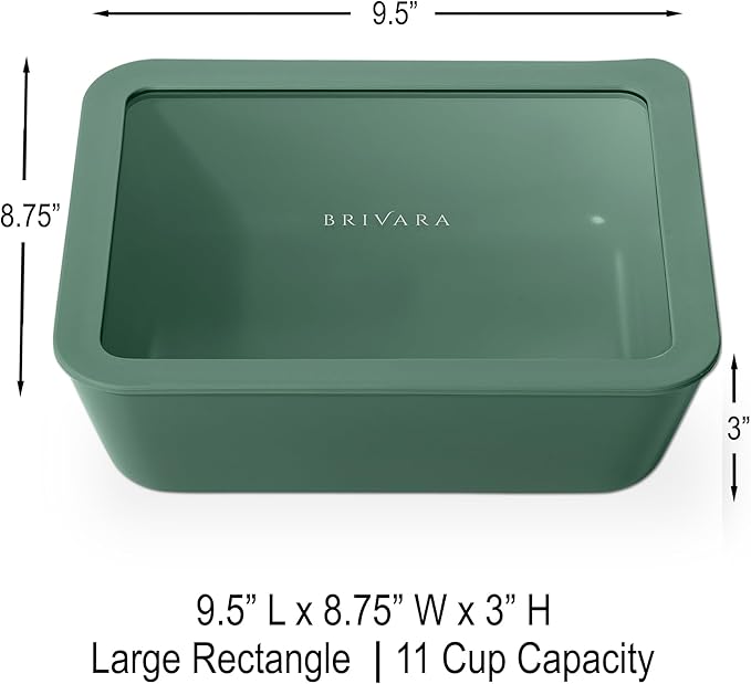 Ceramic Coated Glass Food Storage Container | No PTFE, PFOA, PFAS, and BPA | Reusable Non Toxic Meal Prep Container with Glass Lid | Easy To Store | 11 Cup Rectangle [Pine]