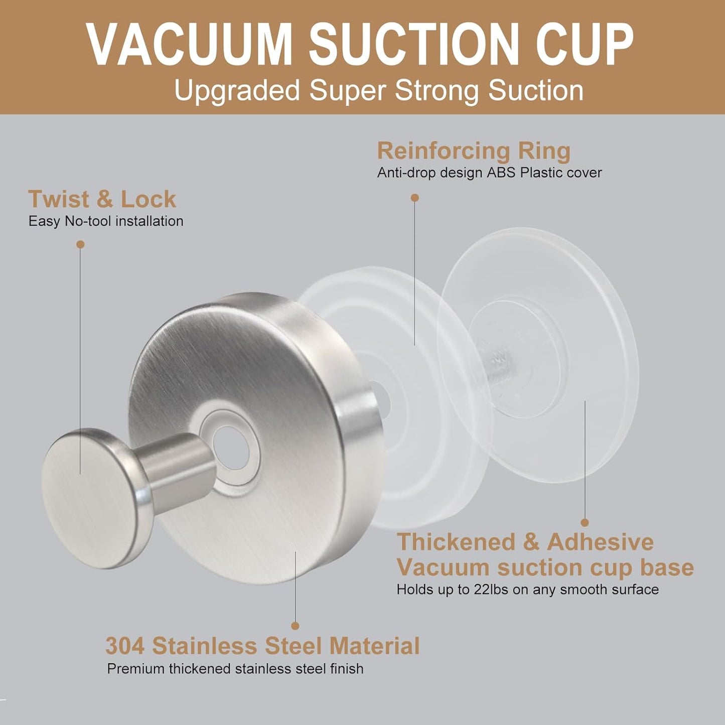 ZESLMG Suction Cup Hooks for Shower Wall, Door Wreaths, Removable Inside Shower Towel Hooks for Bathroom Window Glass Kitchen- Bath Robe Loofah Suction Hooks for Hanging More Surfaces (Nickel, 4 Pack)