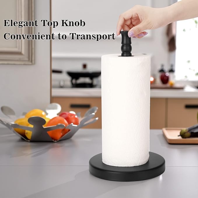 Black Paper Towel Holder Countertop, Stainless Steel Heavy Weighted Base (2LBS in Weight, and 6.7inch in Diameter), Ripping Paper Towel Off One-Handed, No Wobbly (Black Matte)
