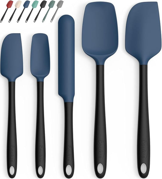 Coukre Silicone Spatula Set of 5,High Heat Resistant, Food Grade Silicone, Upgraded Extended Reinforced Handle,Dishwasher Safe, for Baking, Cooking (Dark Blue Black, Color block)