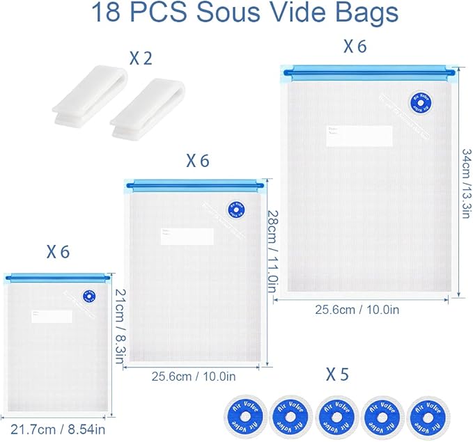 Sous Vide Bags 25Pcs, Reusable BPA Free Vacuum Sealer Bags Vacuum Food Storage Bag for Cooking/Food Storage/Microwave Heating - 3 Size 18Pcs Vacuum Zipper Bag & 5 Air Valves & 2 Seal Clips