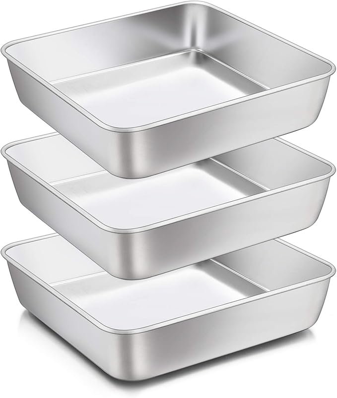 8 x 8-Inch Baking Pan, E-far Square Cake Brownie Baking Pans Stainless Steel Bakeware Set of 3, Fits in Small Toaster Oven, Non-toxic & Dishwasher Safe