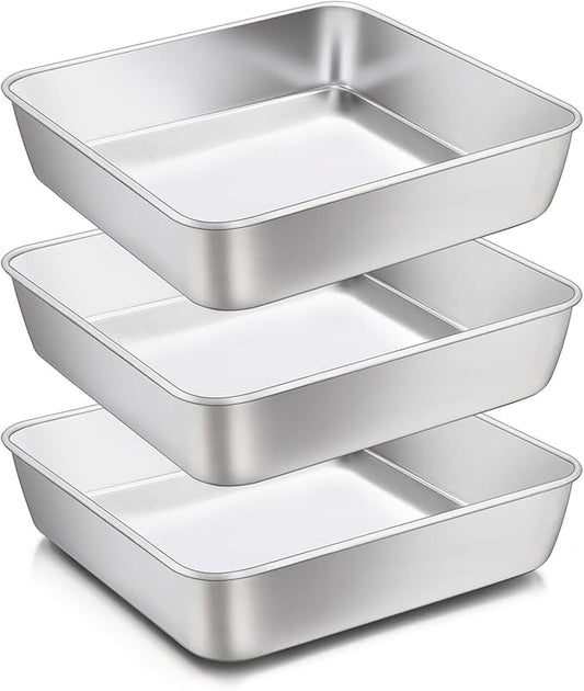 8 x 8-Inch Baking Pan, E-far Square Cake Brownie Baking Pans Stainless Steel Bakeware Set of 3, Fits in Small Toaster Oven, Non-toxic & Dishwasher Safe