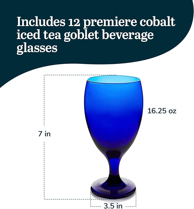 Libbey Premiere Cobalt Iced Tea Glasses, Stylish Cobalt Blue Drinking Glasses Set of 12, Dishwasher Safe Stemmed Water Goblets for Parties and More