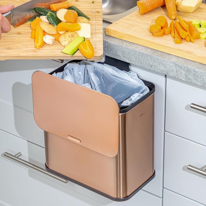 RedFactor Stainless Steel Hanging Trash Can with Lid and Inner Bucket – Slim 1.3 Gallon Odor-Free Compost Bin for Kitchen Cabinet, Countertop, Under Sink, or Bathroom (Copper)