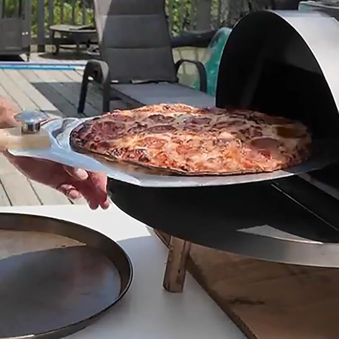 aluminum pizza peel 12x14 Inch Pizza Peel with Rocker Cutter & Foldable Wood Handle, Aluminum Pizza Paddle Spatula - Includes for Baking Pizza, Dough, Bread & Pastry in Family Pizza Ovens